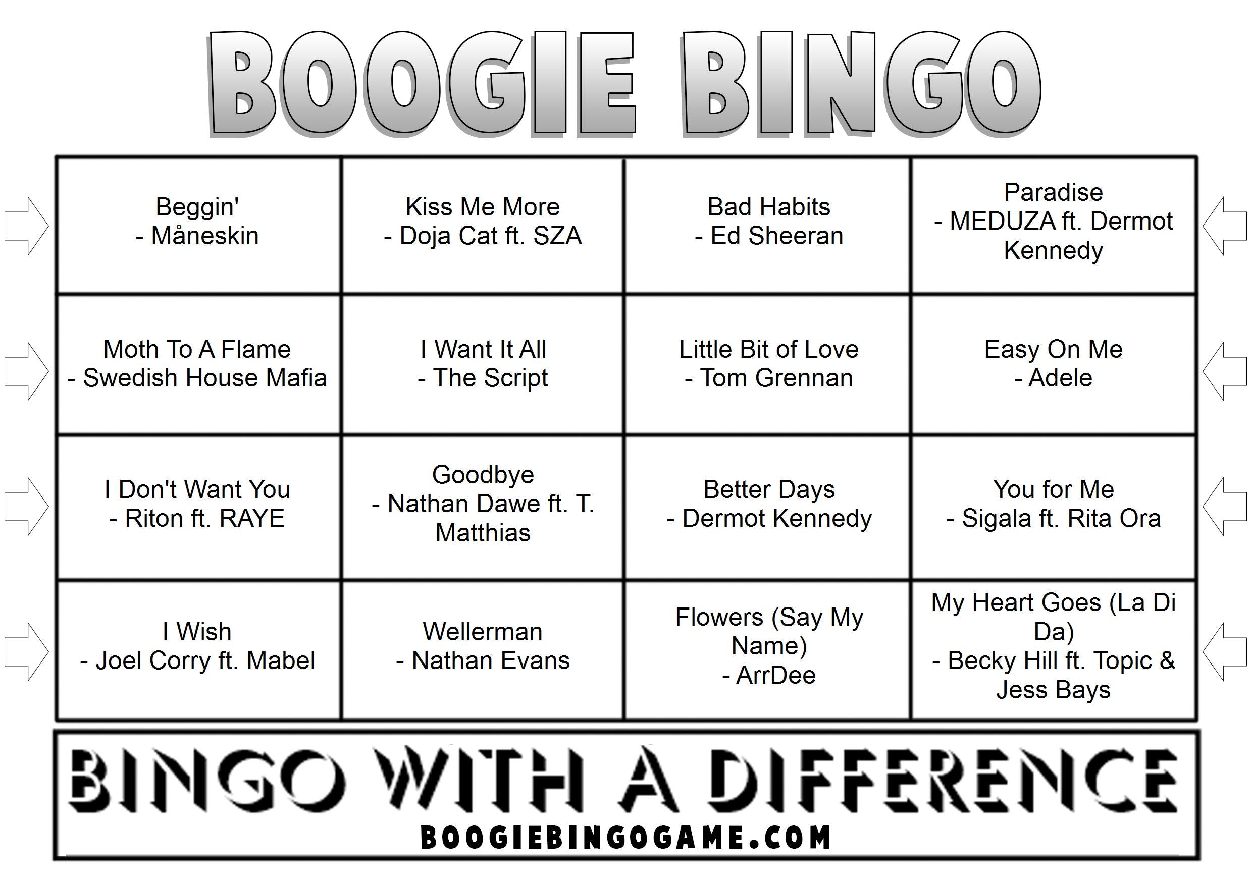 Example 2021 music bingo card with annual hits