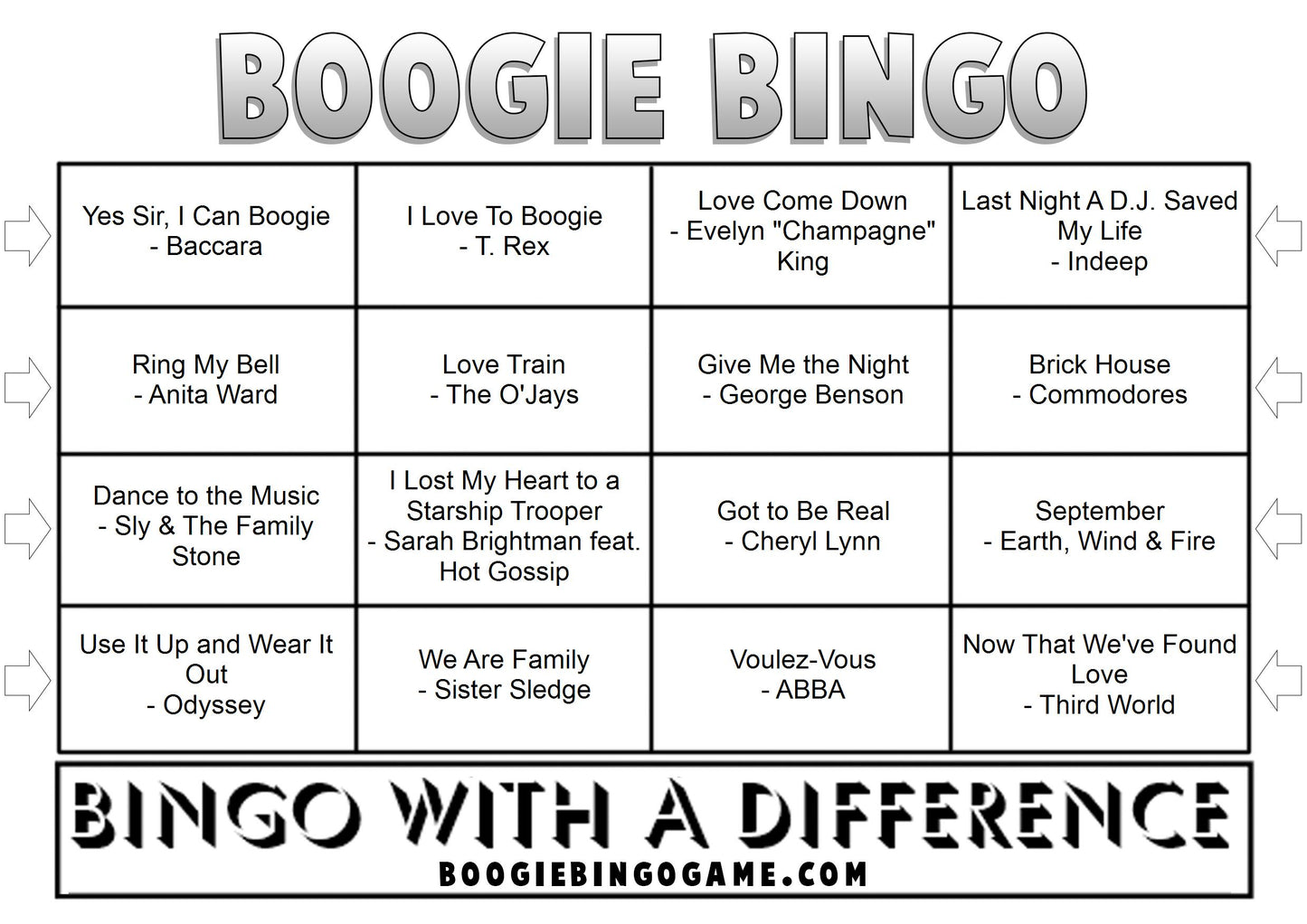 Game 59 | DISCO Hits | Boogie Bingo | Printed Music Bingo Tickets
