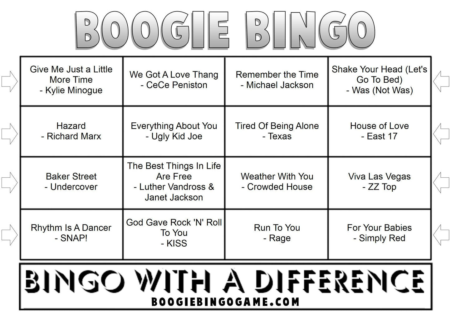Game 89 | Hits of 1992 | Boogie Bingo | Printable Music Bingo Tickets