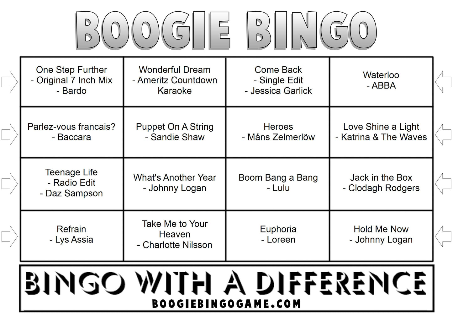 Game 44 | Eurovision Hits | Boogie Bingo | Printable Music Bingo Tickets