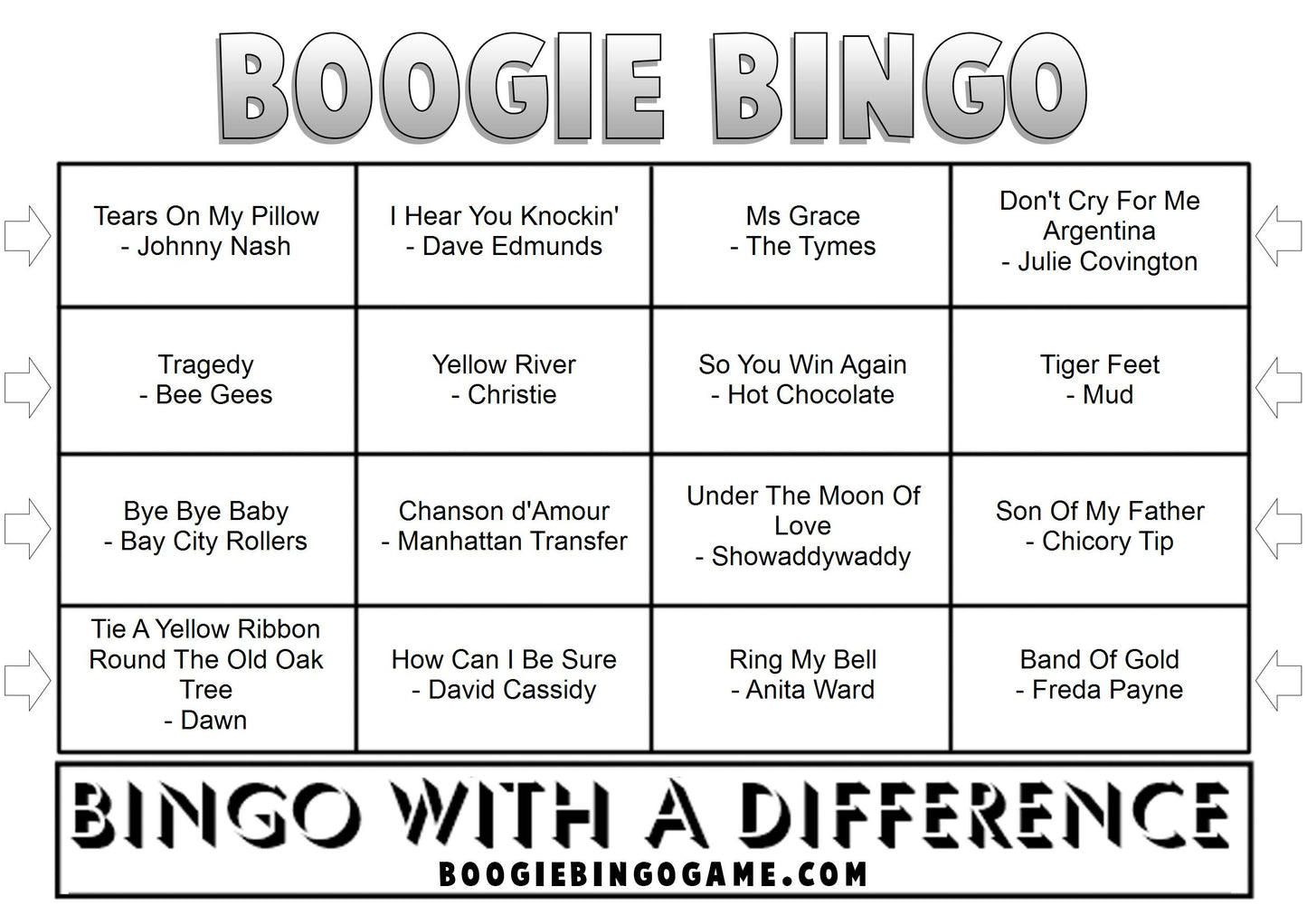 Game 36 | 70s Number Ones | Boogie Bingo | Printable Music Bingo Tickets