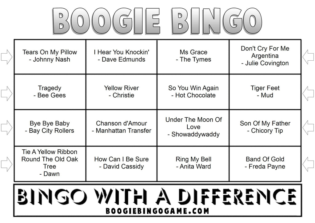 Example 70s Number Ones music bingo card with disco hits