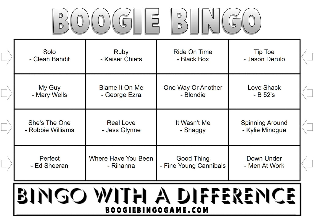 Example Game 17 Boogie Bingo card with music hits