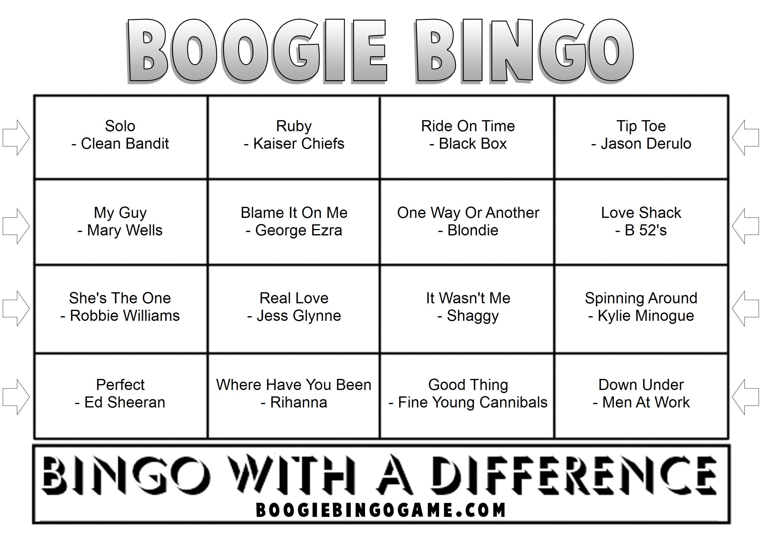 Example Game 17 Boogie Bingo card with music hits