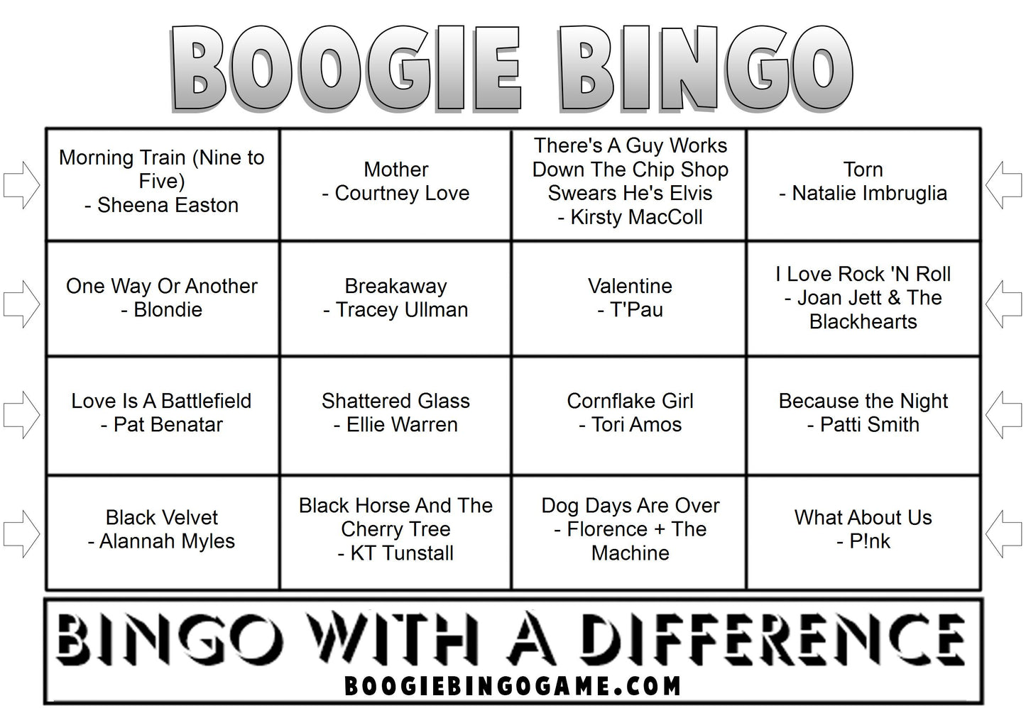 Game 82 | Female Rockers | Boogie Bingo | Printable Music Bingo Tickets