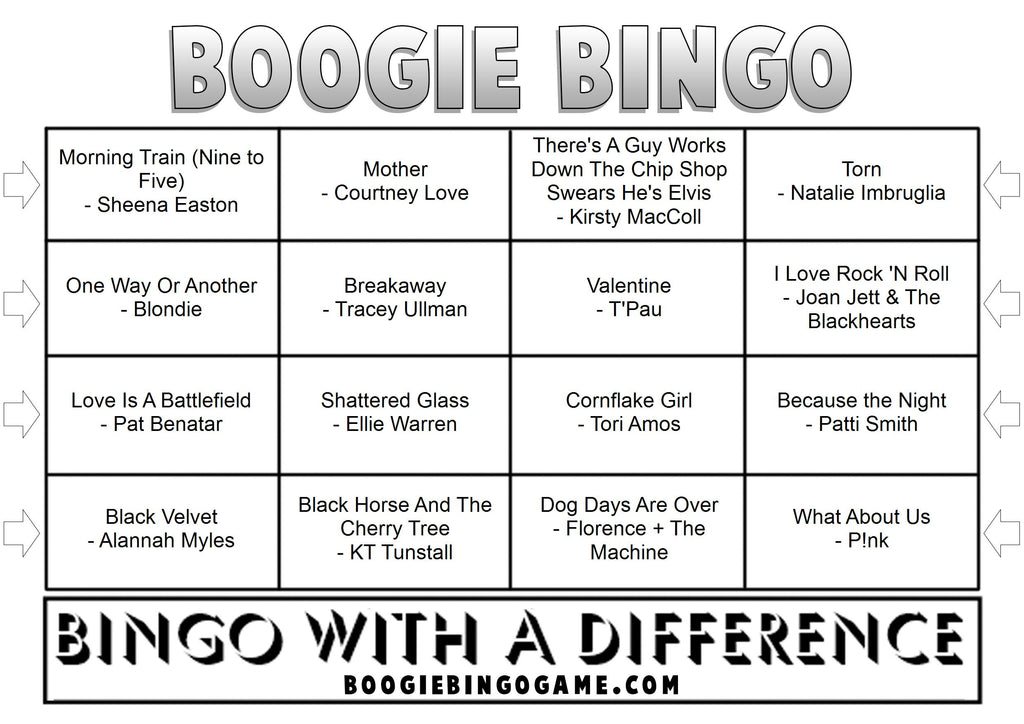 Game 82 | Female Rockers | Boogie Bingo | Printable Music Bingo Tickets