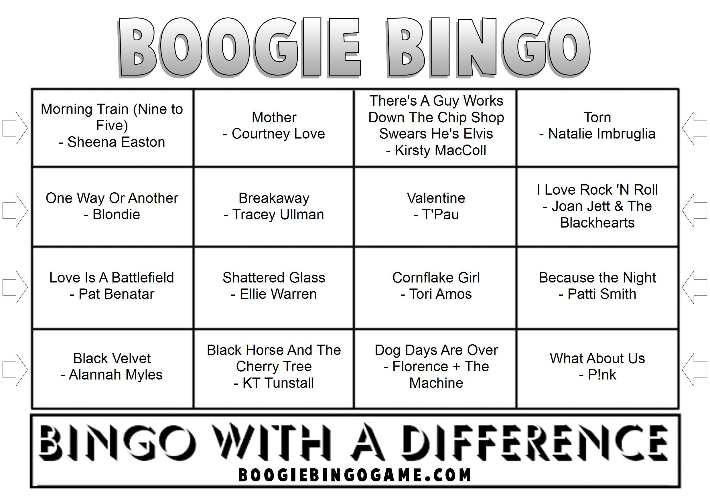 Game 82 | Female Rockers | Boogie Bingo | Printable Music Bingo Tickets