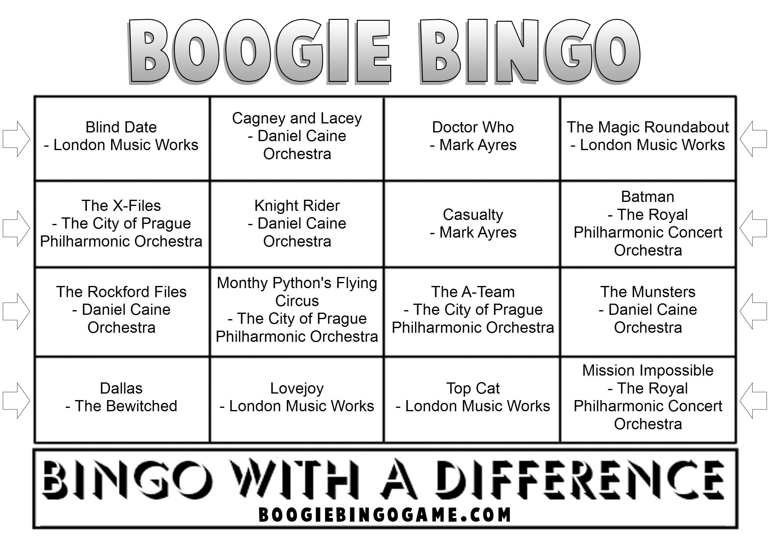 Game 98 | Cult TV Themes | Boogie Bingo | Printable Music Bingo Tickets