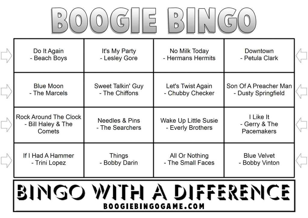 Example Golden Oldies music bingo card with classic songs