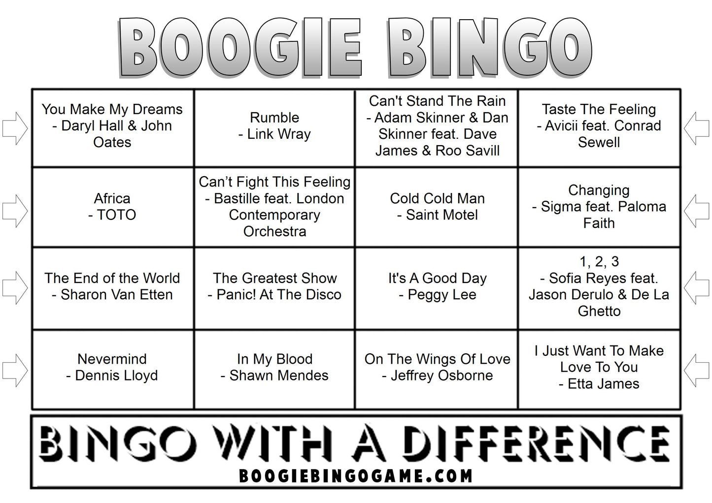 Game 58 | Advert Songs | Boogie Bingo | Printed Music Bingo Tickets