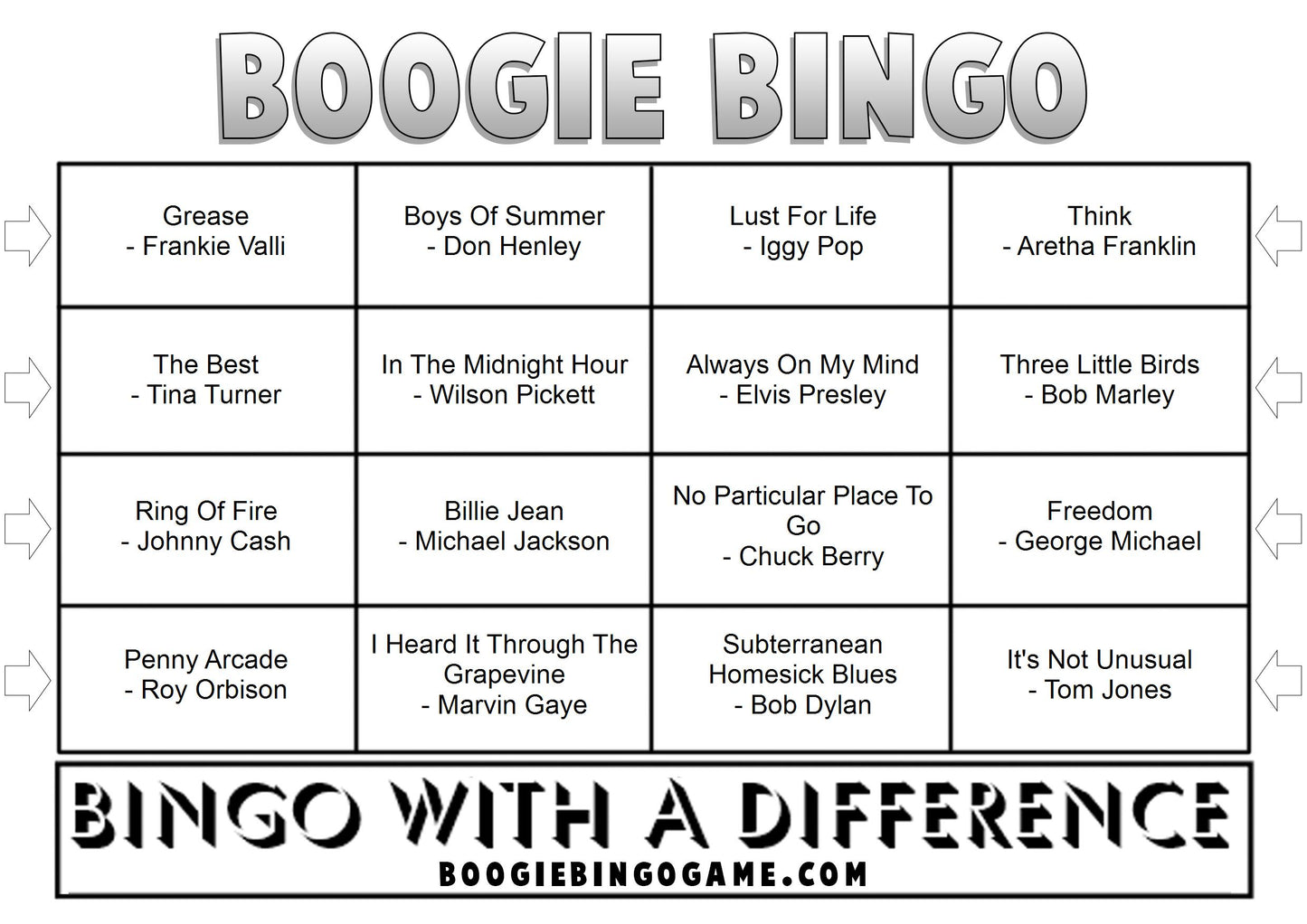 Game 16 | Legends | Boogie Bingo | Printed Music Bingo Tickets