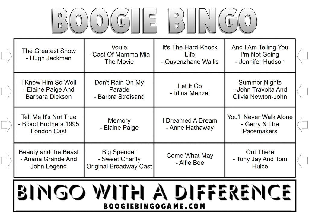 Example Musicals music bingo card with show tunes