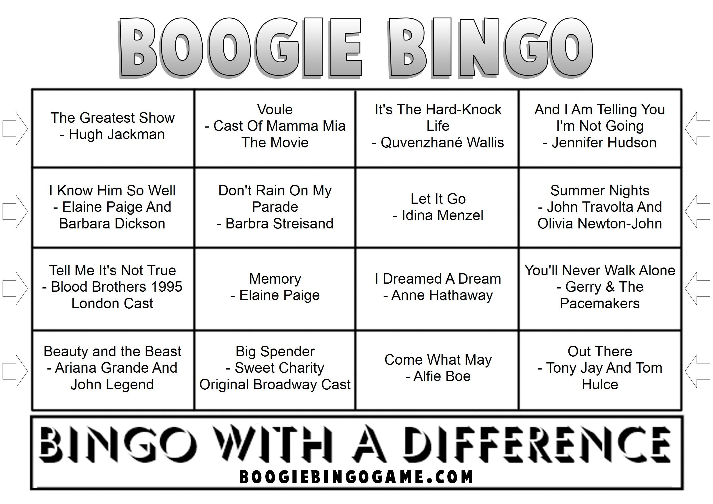 Game 61 | Musicals | Boogie Bingo | Printable Music Bingo Tickets