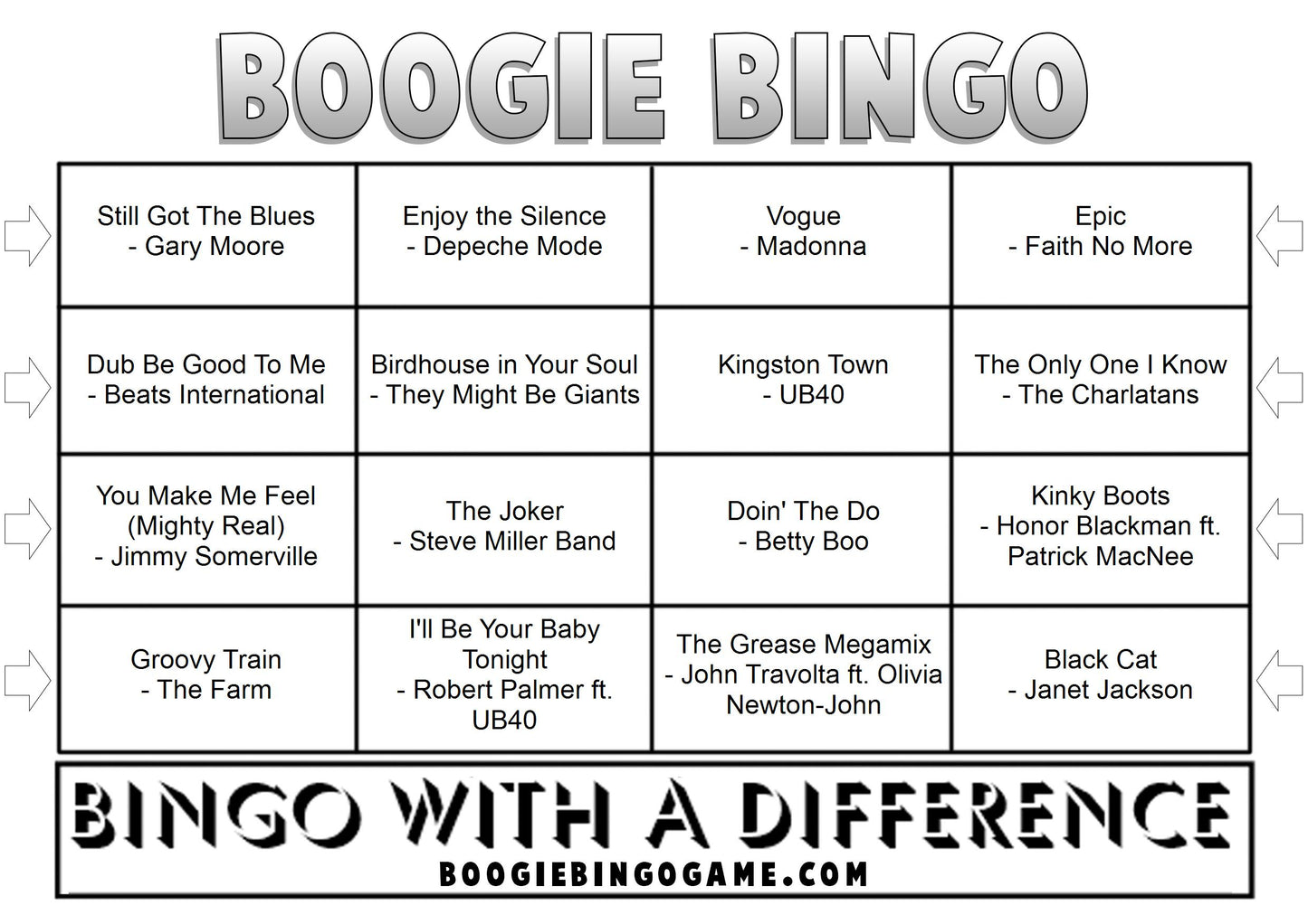 Game 87 | Hits of 1990 | Boogie Bingo | Printable Music Bingo Tickets