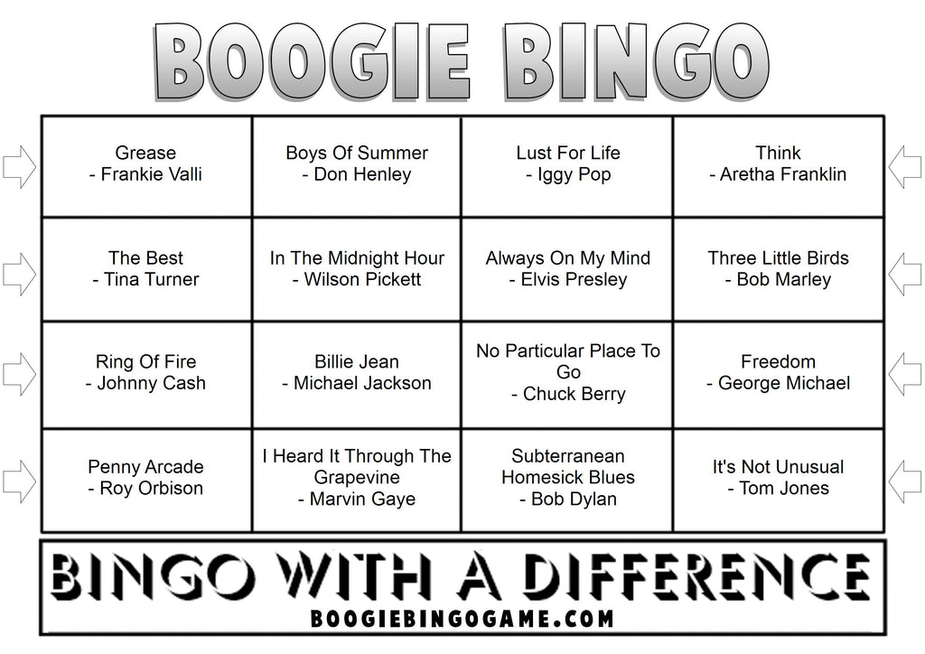 Example Legends music bingo card with iconic songs
