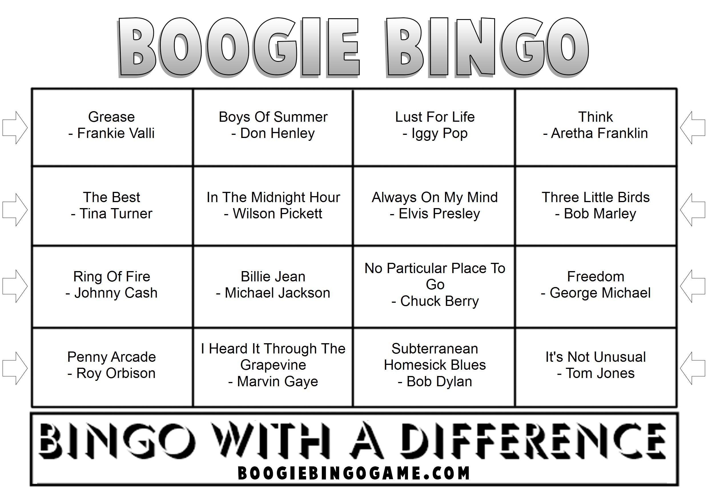 Example Legends music bingo card with iconic songs