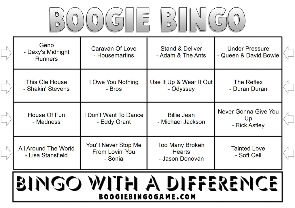 Example 80s Number Ones music bingo card with hit songs