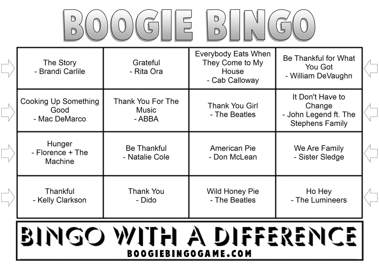 Game 74 | Thanksgiving | Boogie Bingo | Printable Music Bingo Tickets