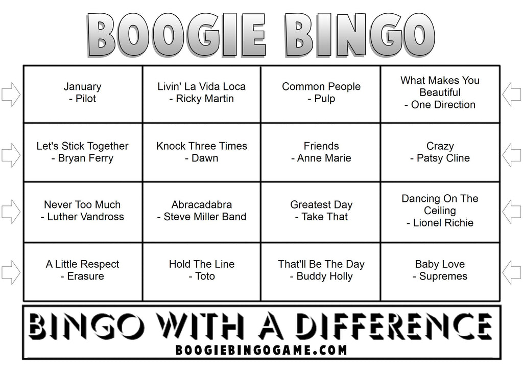Example Game 25 Boogie Bingo card with music hits