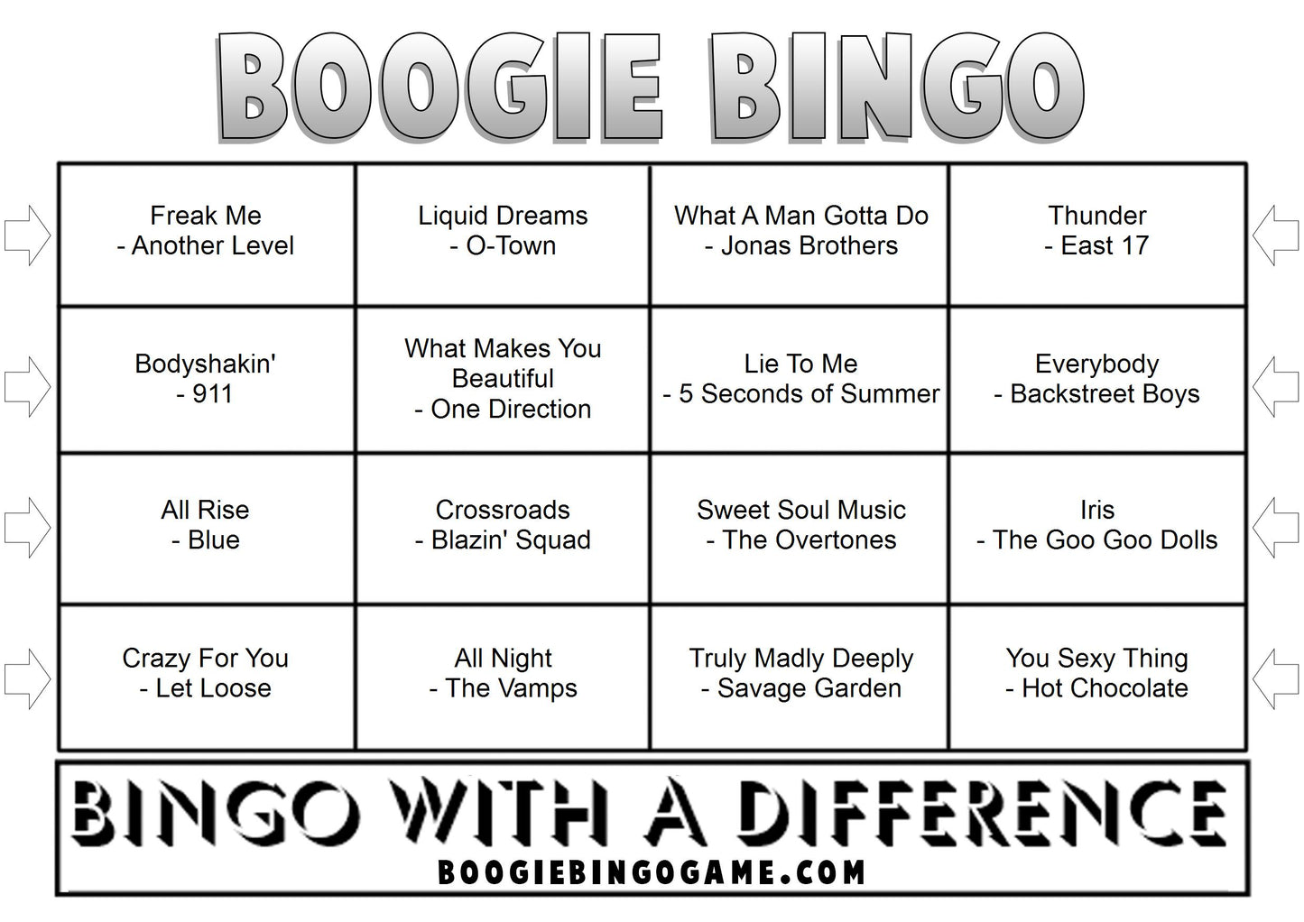 Game 60 | Boy Bands | Boogie Bingo | Printed Music Bingo Tickets