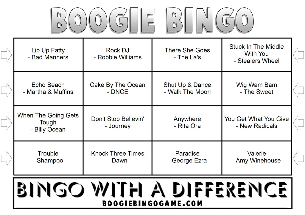Example Game 19 Boogie Bingo card with music hits