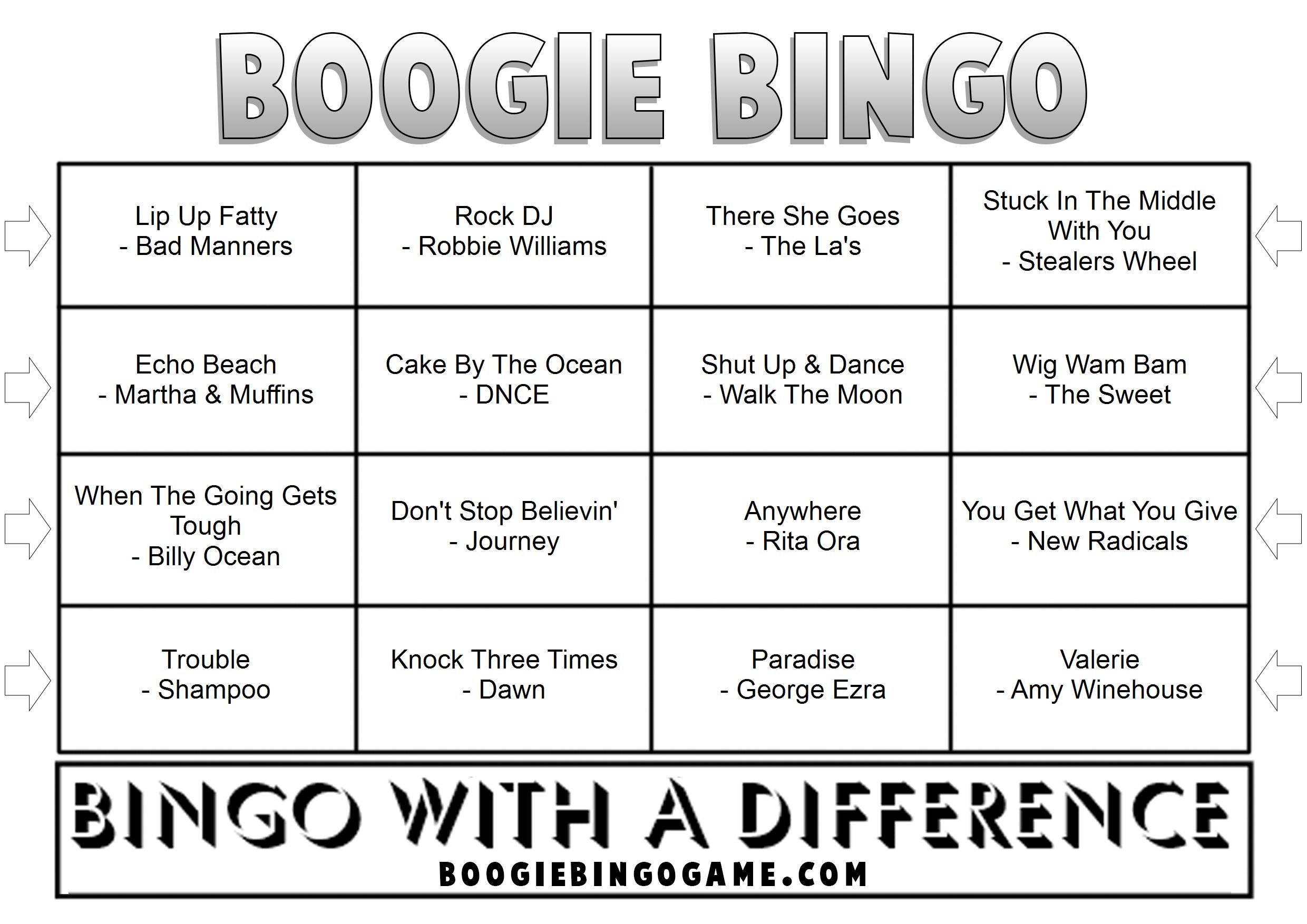 Example Game 19 Boogie Bingo card with music hits