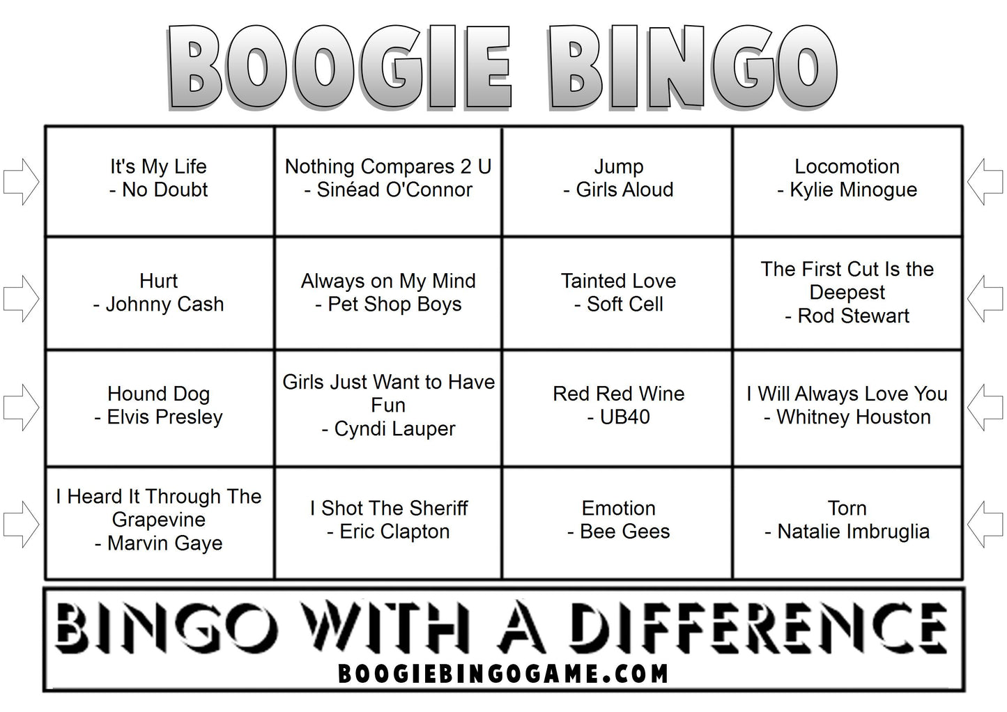 Game 67 | Cover Versions | Boogie Bingo | Printable Music Bingo Tickets