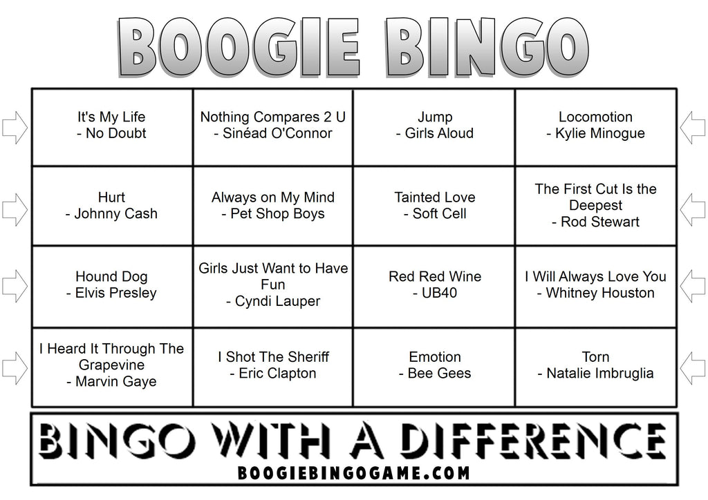 Example Cover Versions music bingo card with covered songs