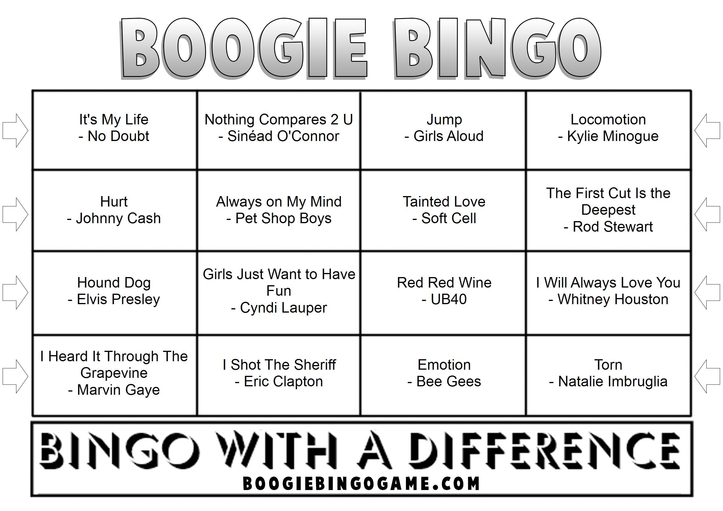 Example Cover Versions music bingo card with covered songs