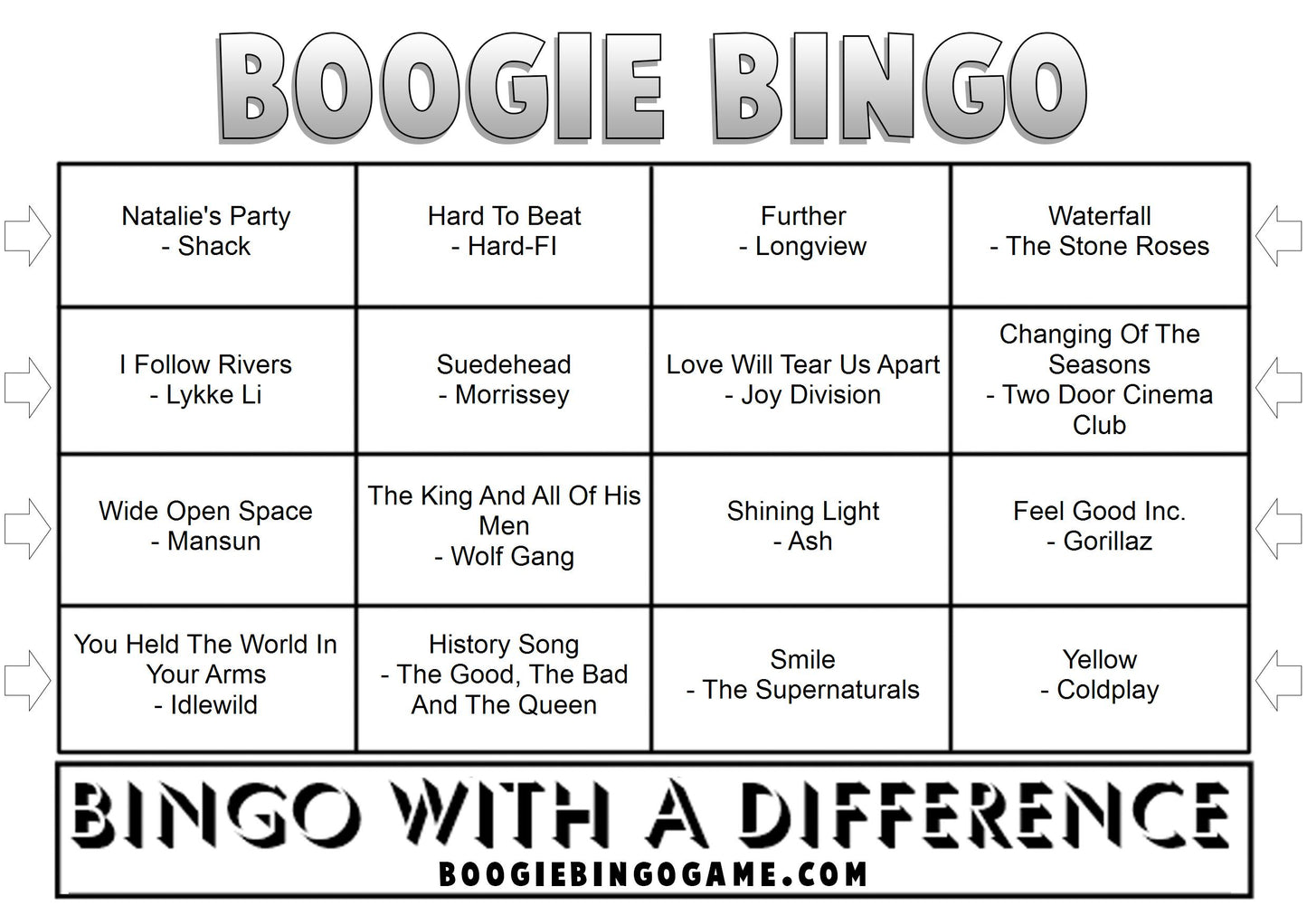 Game 46 | Indie Hits | Boogie Bingo | Printed Music Bingo Tickets