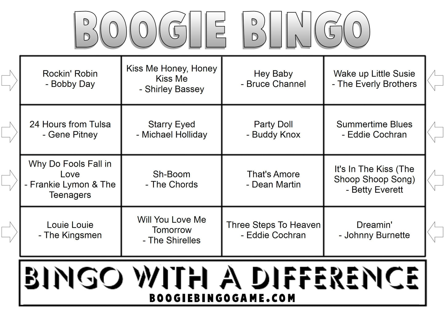 Game 92 | 50s and 60s American Diner | Boogie Bingo | Printable Music Bingo Tickets