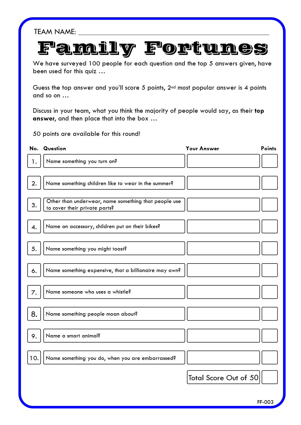 Family Fortunes Game 3 | Family Fortunes Questions And Answers | Instant Download