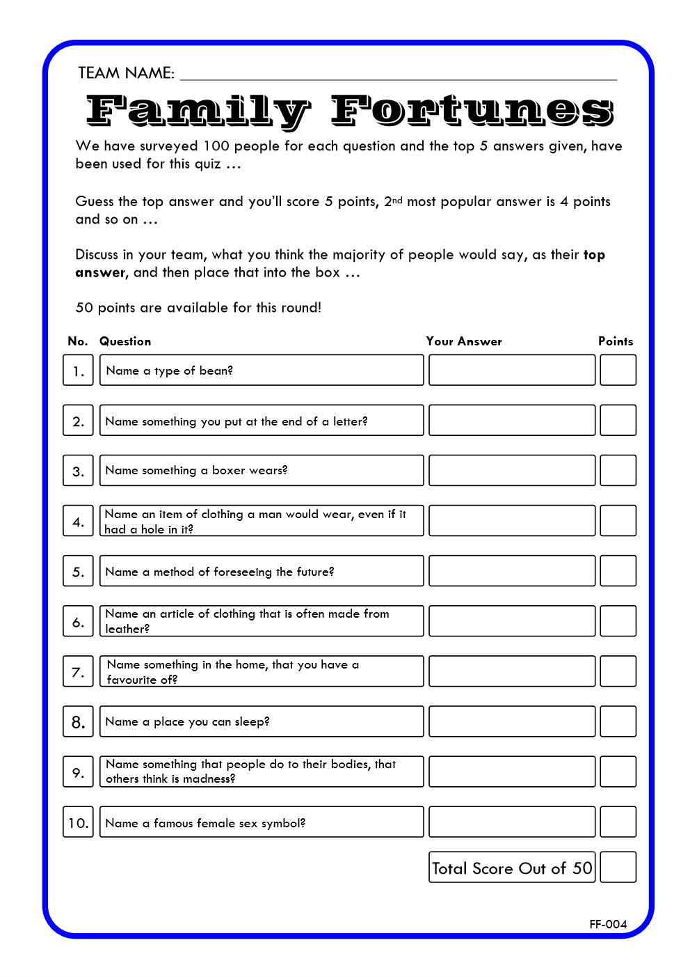 Family Fortunes Game 4 | Family Fortunes Questions And Answers | Instant Download