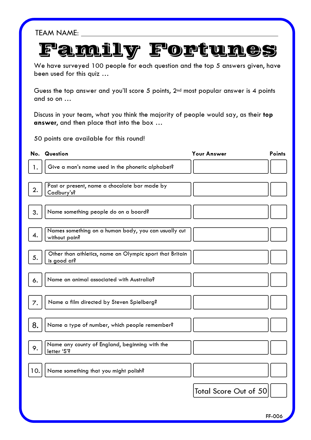 Family Fortunes Game 6 | Family Fortunes Questions And Answers | Instant Download