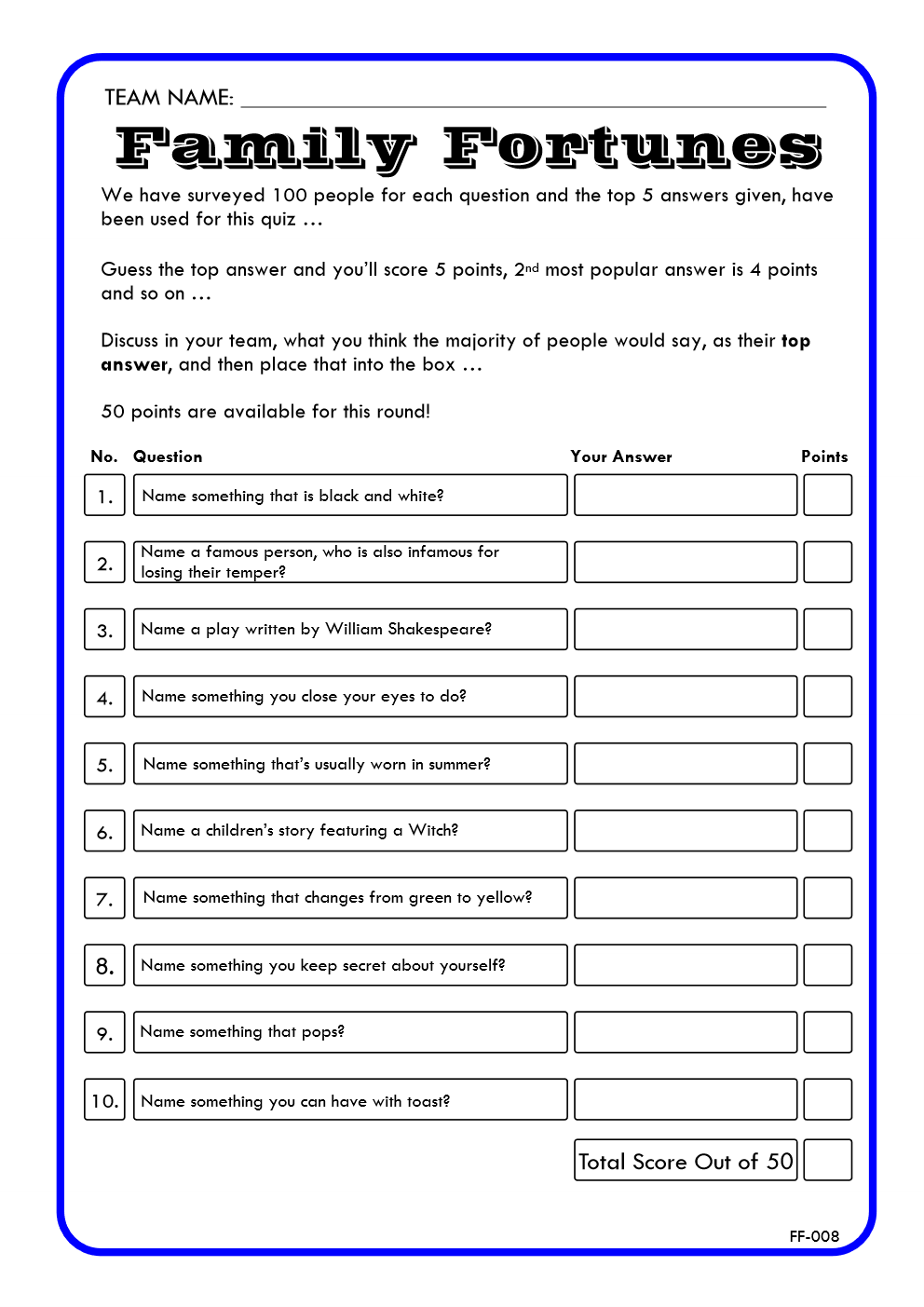 Family Fortunes Game 8 | Family Fortunes Questions And Answers | Instant Download