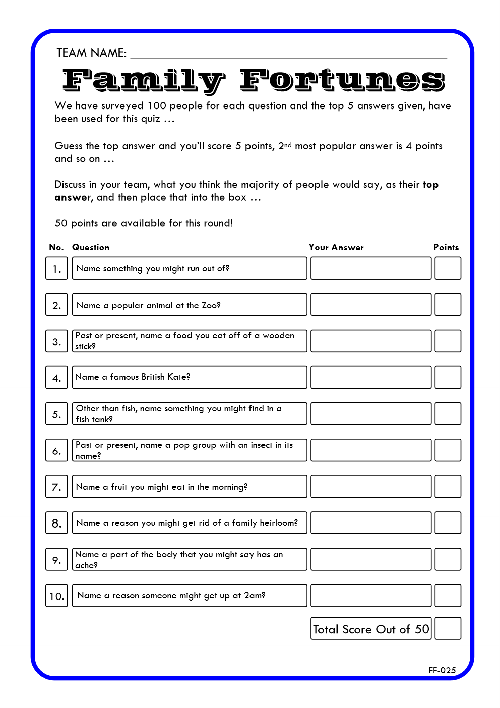 Family Fortunes Game 25 | Family Fortunes Questions And Answers | Instant Download